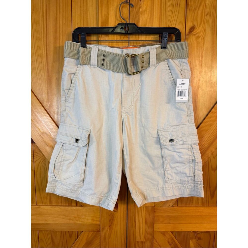 Lazer beige belted cargo shorts pockets webbed belt Size 30 nwt (7800)